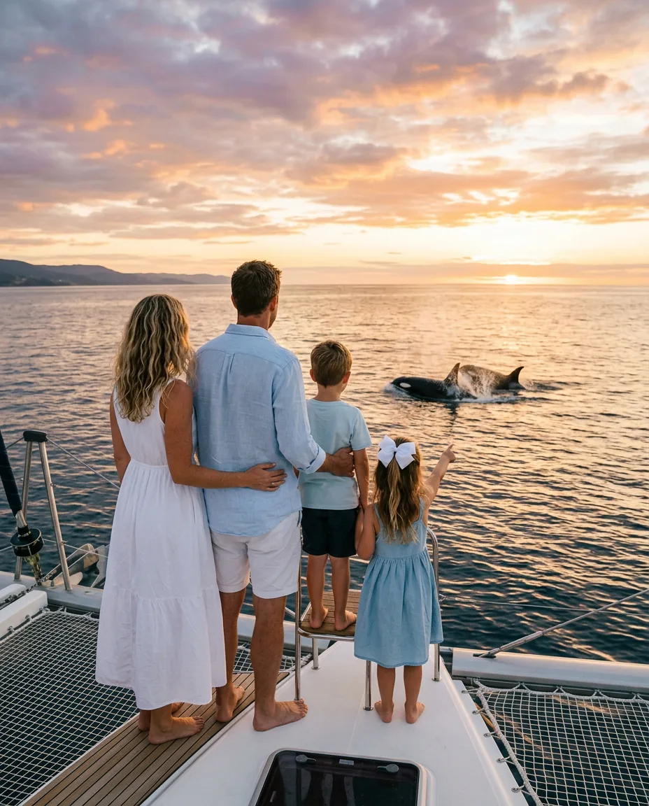 A family on the deck of a catamaran at sunset