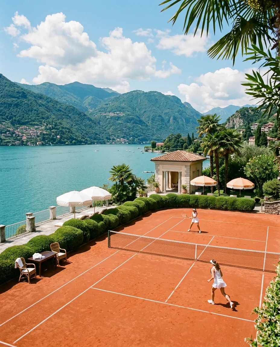 A clay tennis court beside a lakeside villa, with mountains behind
