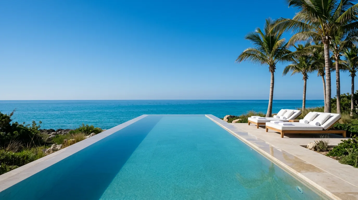 An infinity pool running out to the open sea, with sun loungers under palms