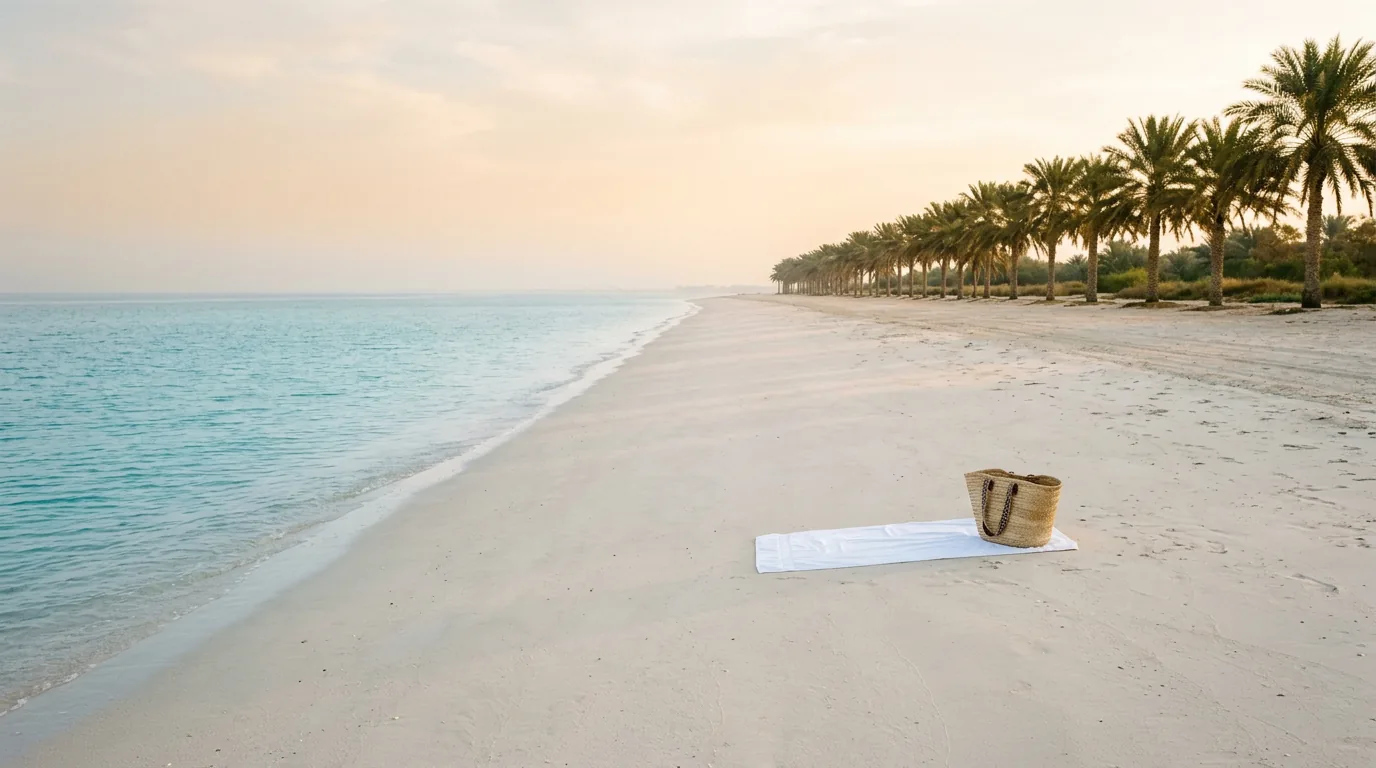 An empty beach at first light, a towel and straw bag on pale sand beside calm water and a line of palms