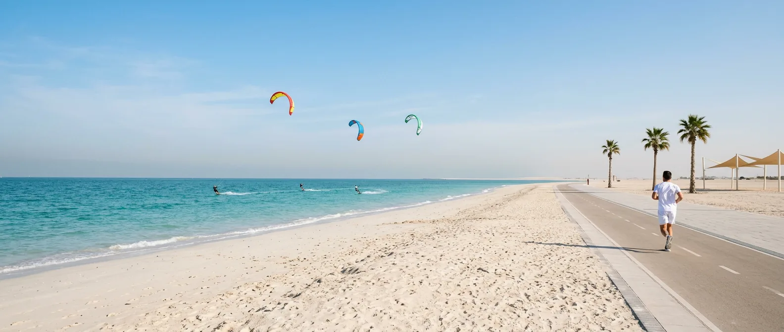 Kitesurfers on turquoise water beside a wide beach, with a runner on the track