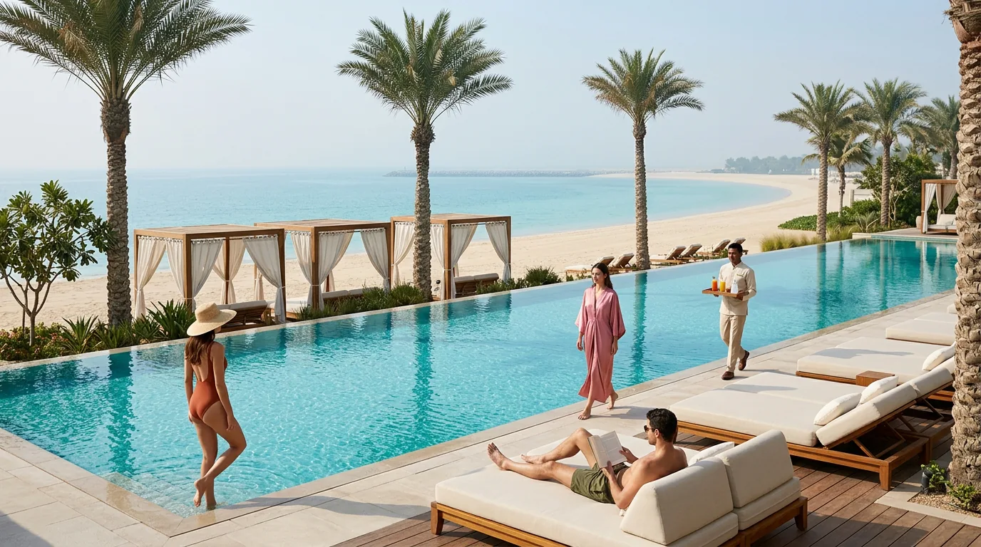 A beach club pool lined with palms and cabanas, guests on loungers and a waiter carrying drinks