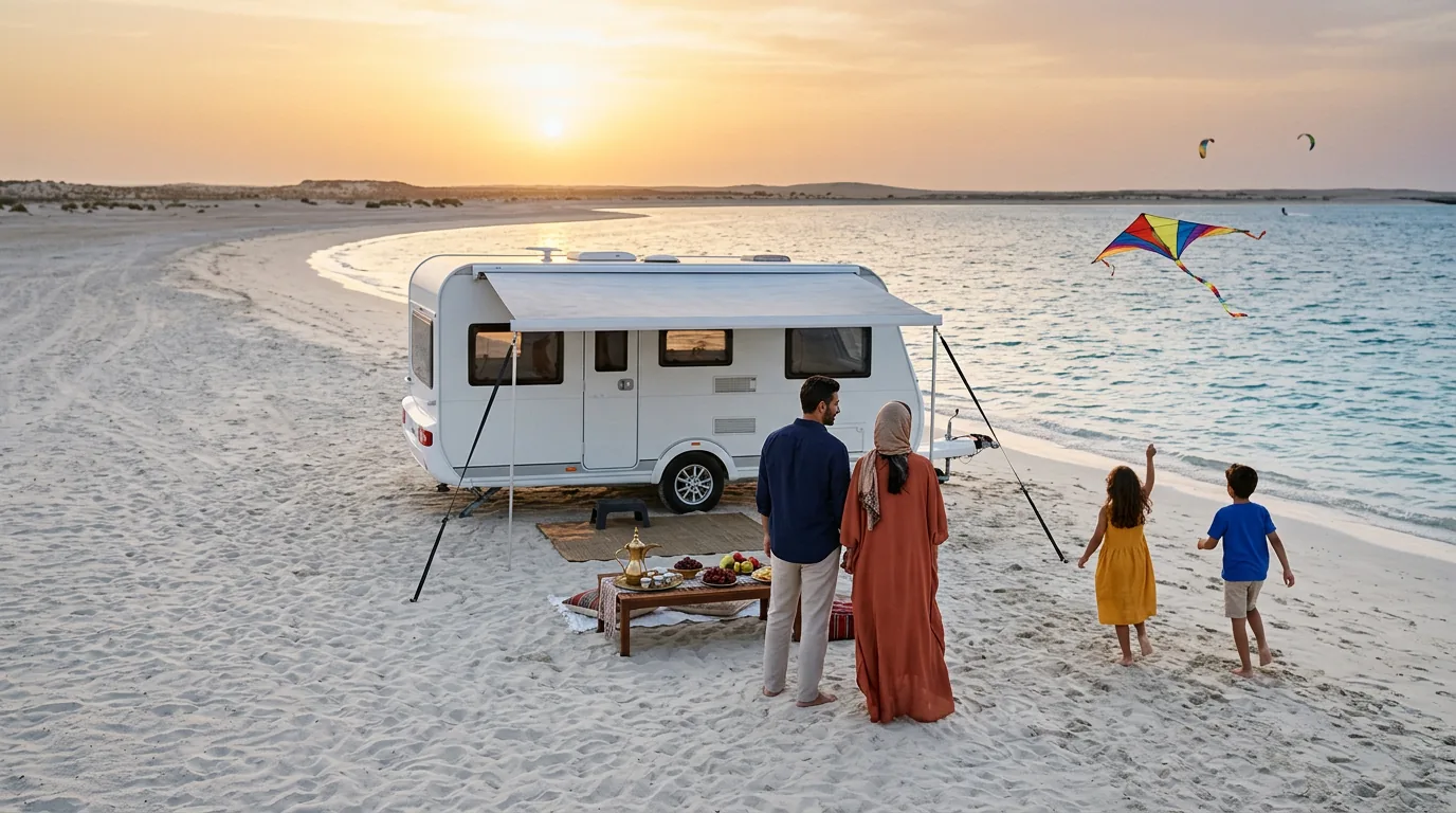 A family flying kites beside a caravan on the sand at sunset, a low table set beside them
