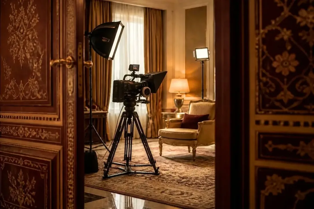 Tournage d'un tutoriel sur mesure dans une chambre de palace