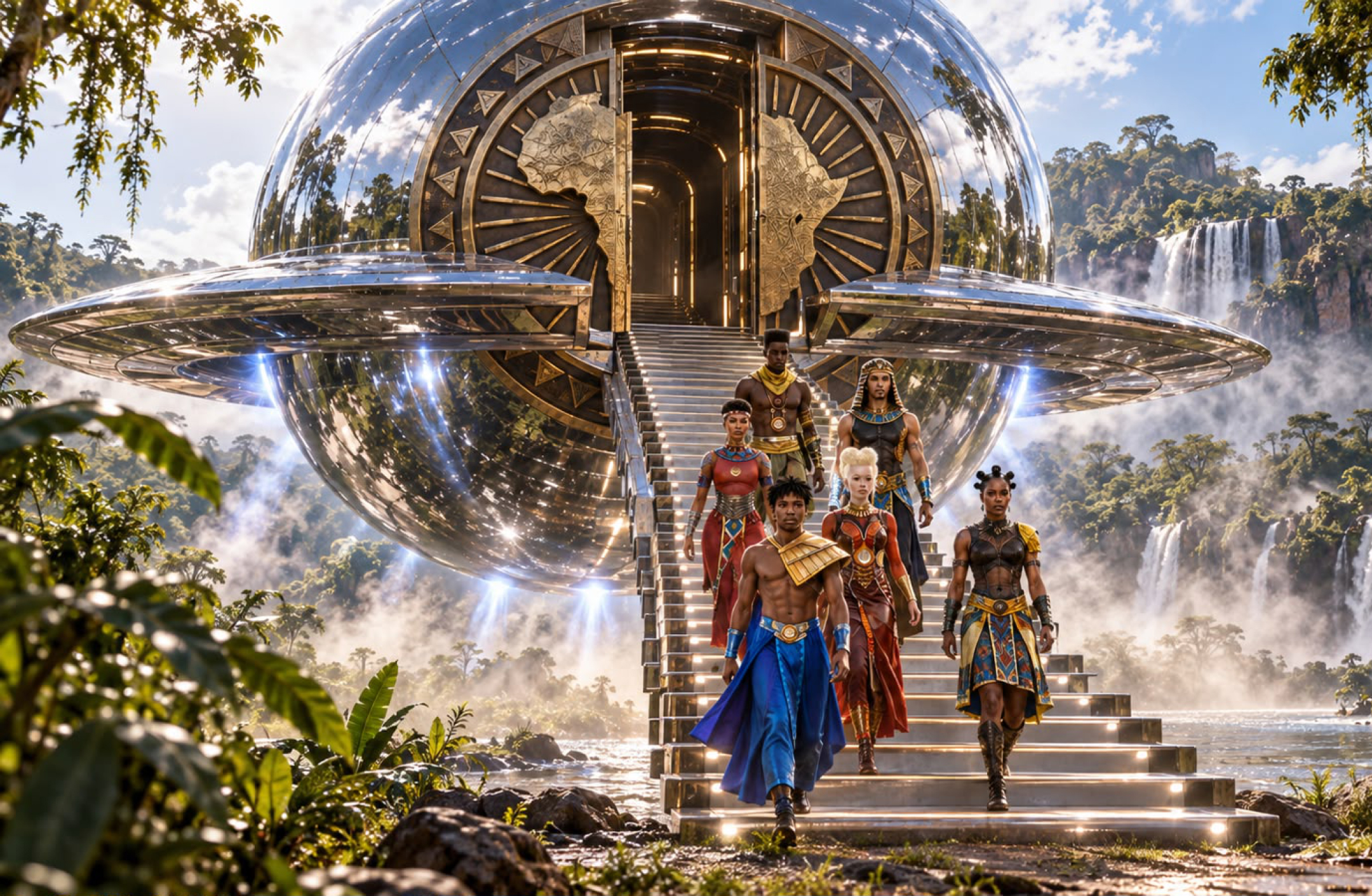 The six Kwayinde heroes descending a stairway beside a waterfall