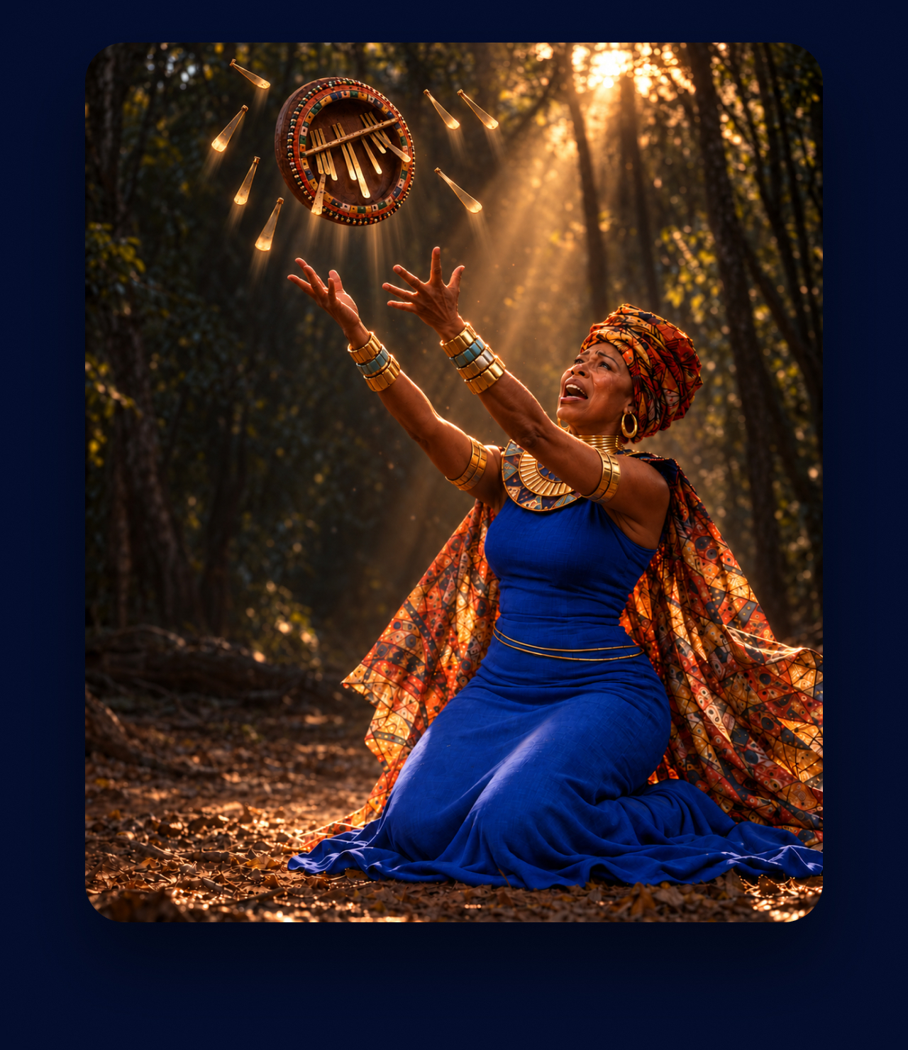Mama Africa kneeling in a forest, raising her arms as the Mbira's keys scatter into the air