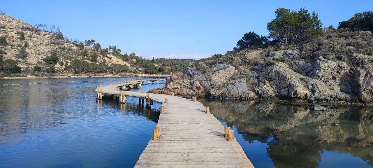 Passerelle en bois au bord de l'étang, près du Barcarès