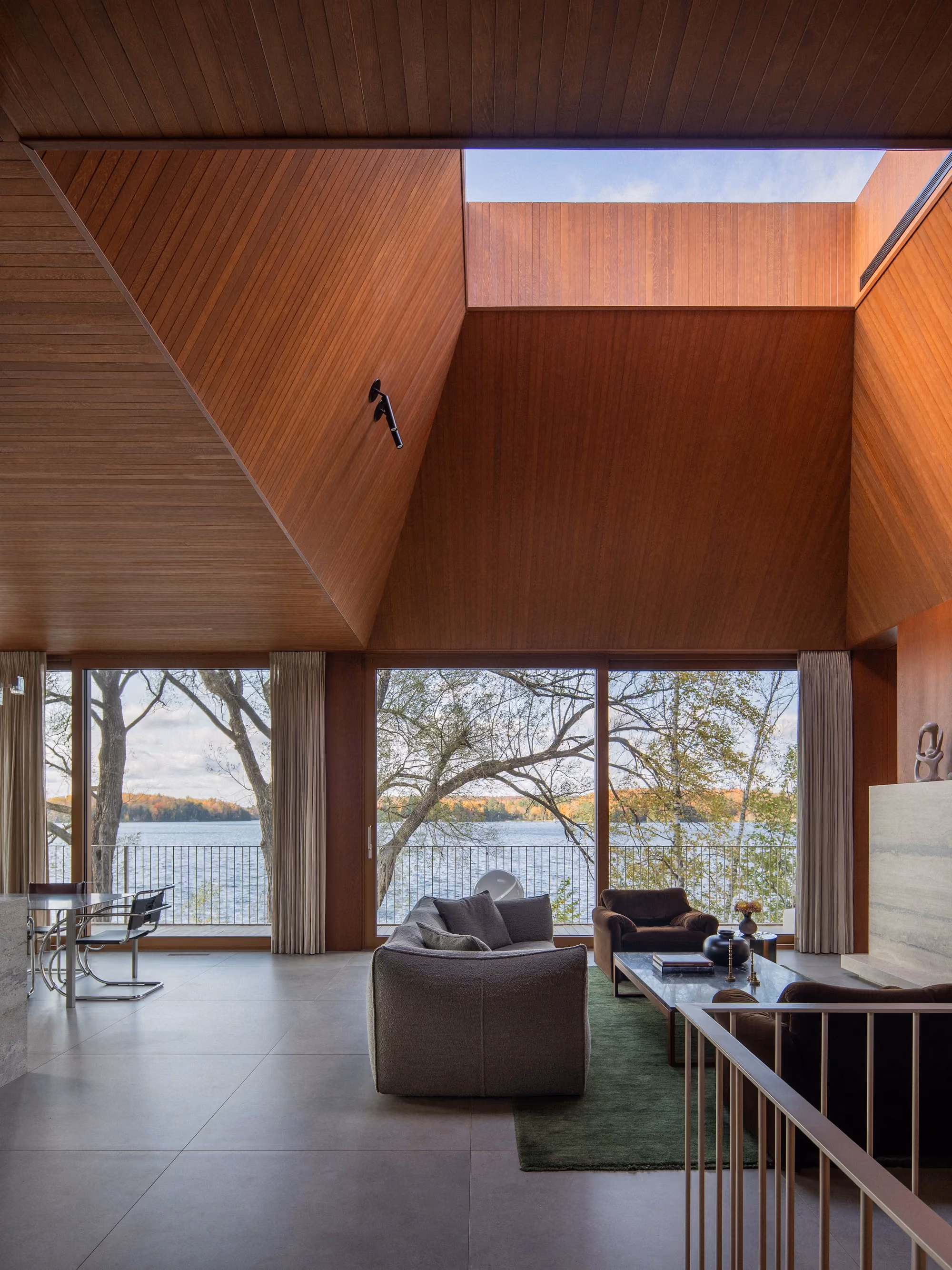 A living room overlooking a lake