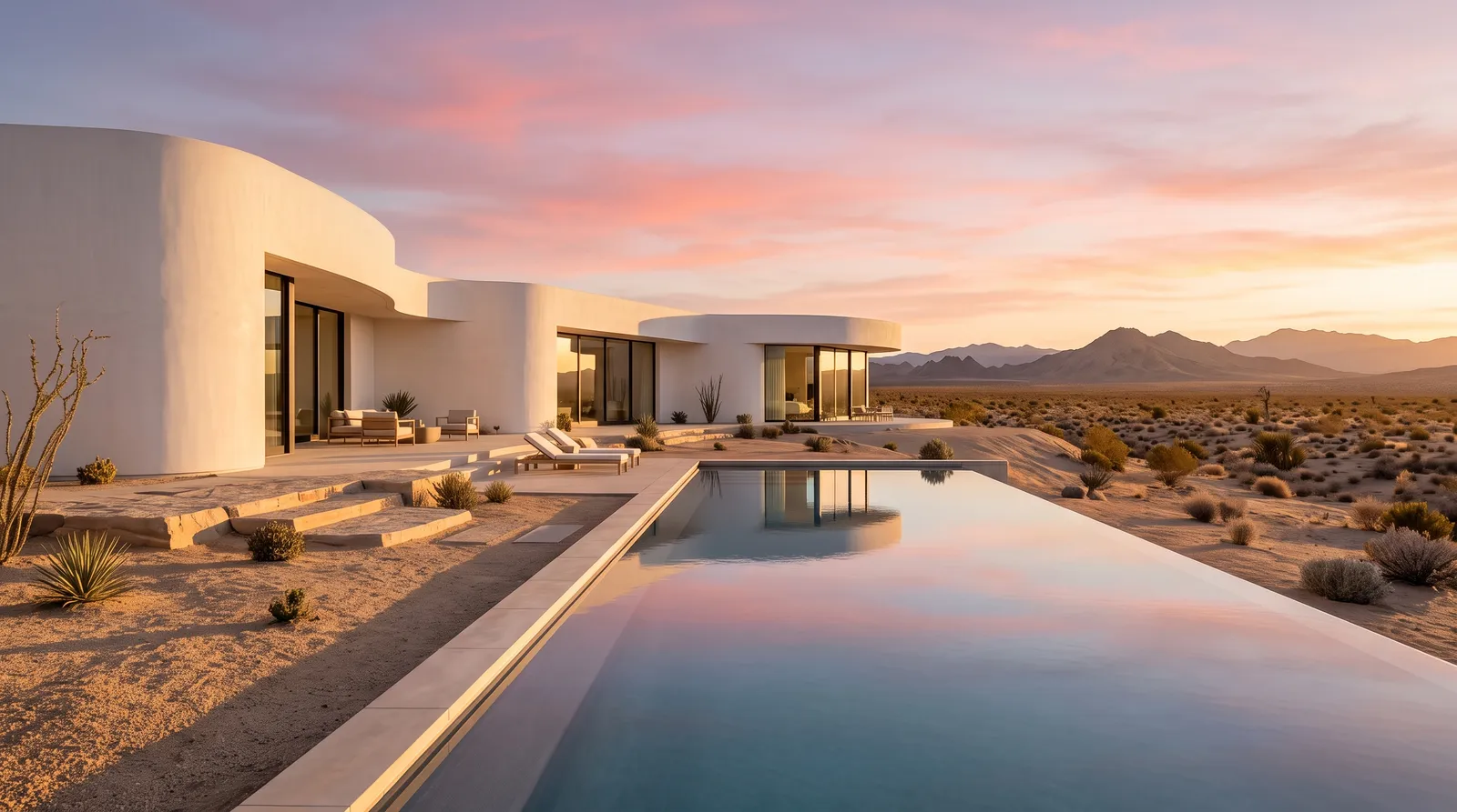 Minimal desert villa with an infinity pool at golden hour