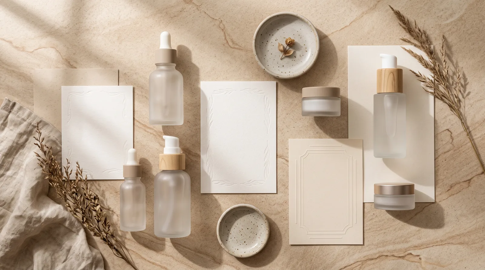Unbranded skincare bottles and cards on sand stone