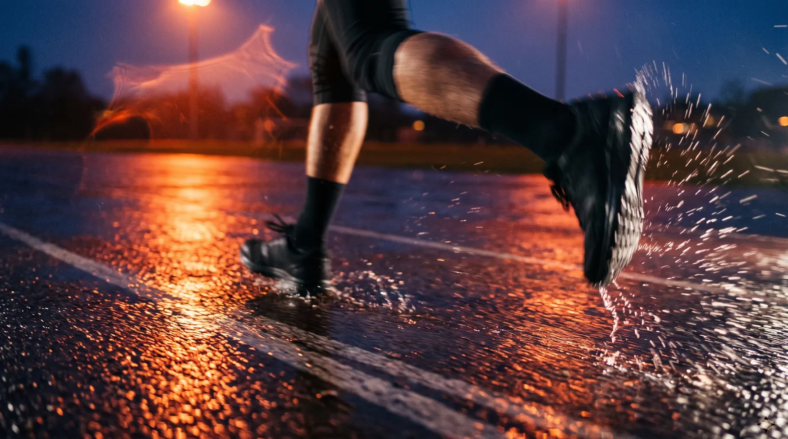 Runner splashing through a wet track at dusk
