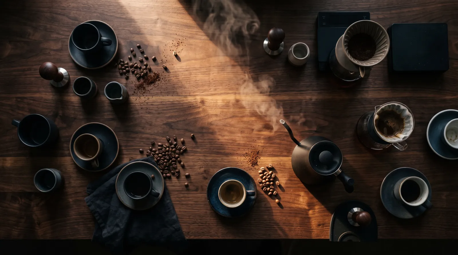 Overhead coffee bar with cups and beans on walnut