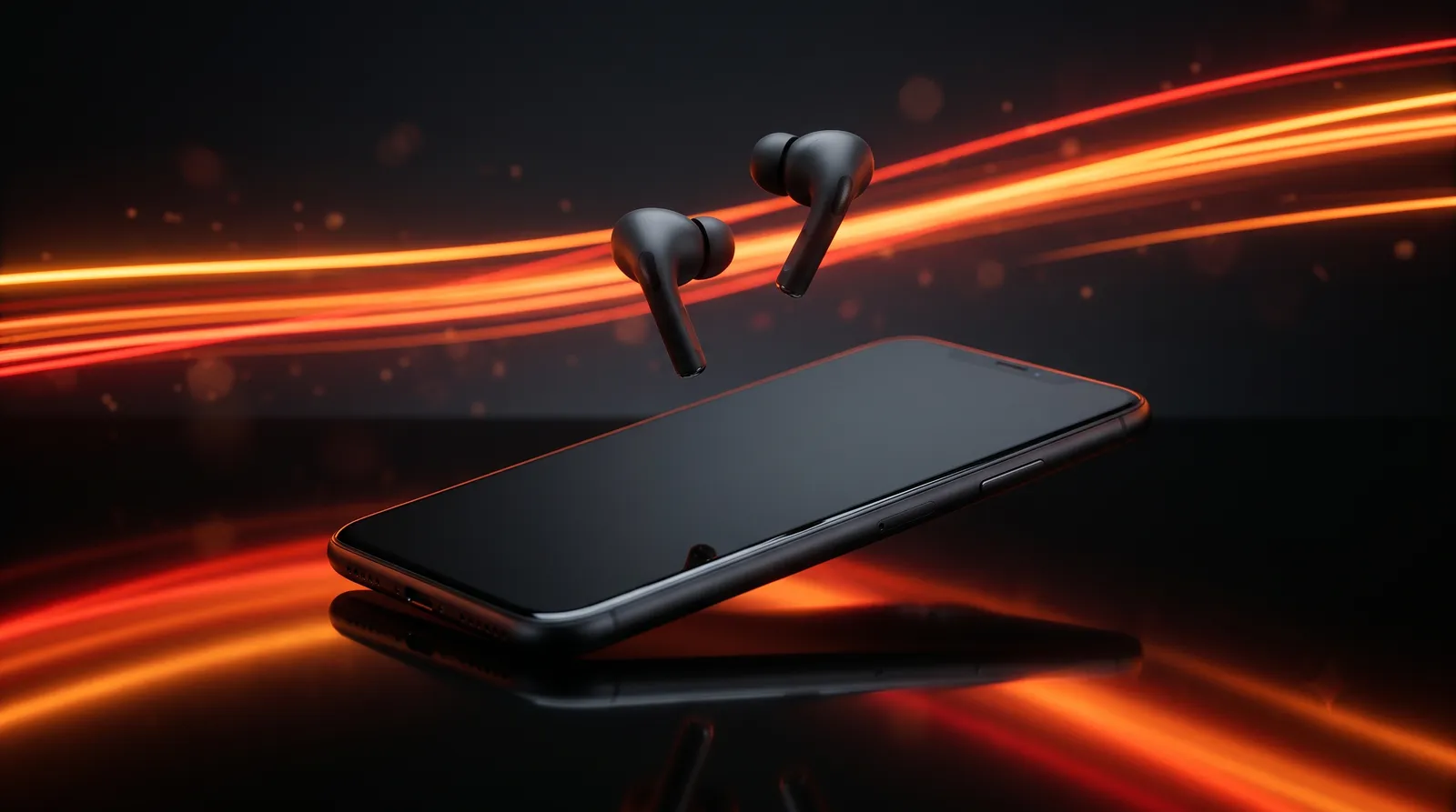 Matte black phone and earbuds with orange light streaks