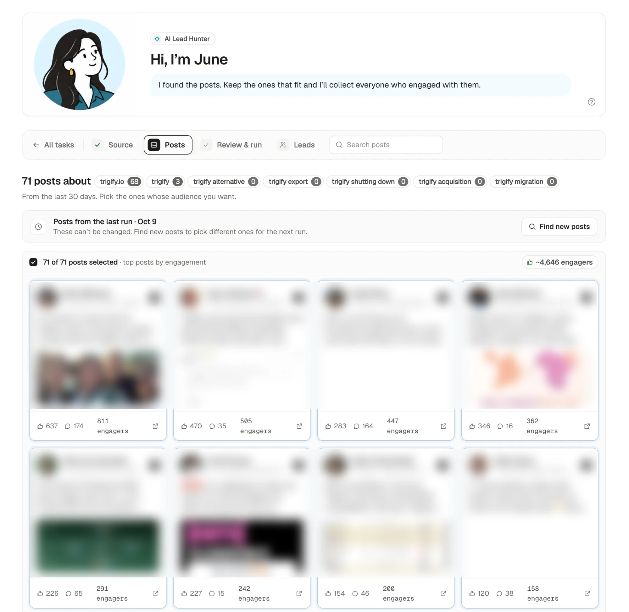 Seleqt's AI lead hunter showing 71 LinkedIn posts about Trigify from the last 30 days, with about 4,646 people engaging