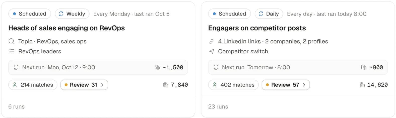 Two scheduled signal tasks in Seleqt: heads of sales engaging on RevOps posts every Monday, and engagers on competitor posts every day
