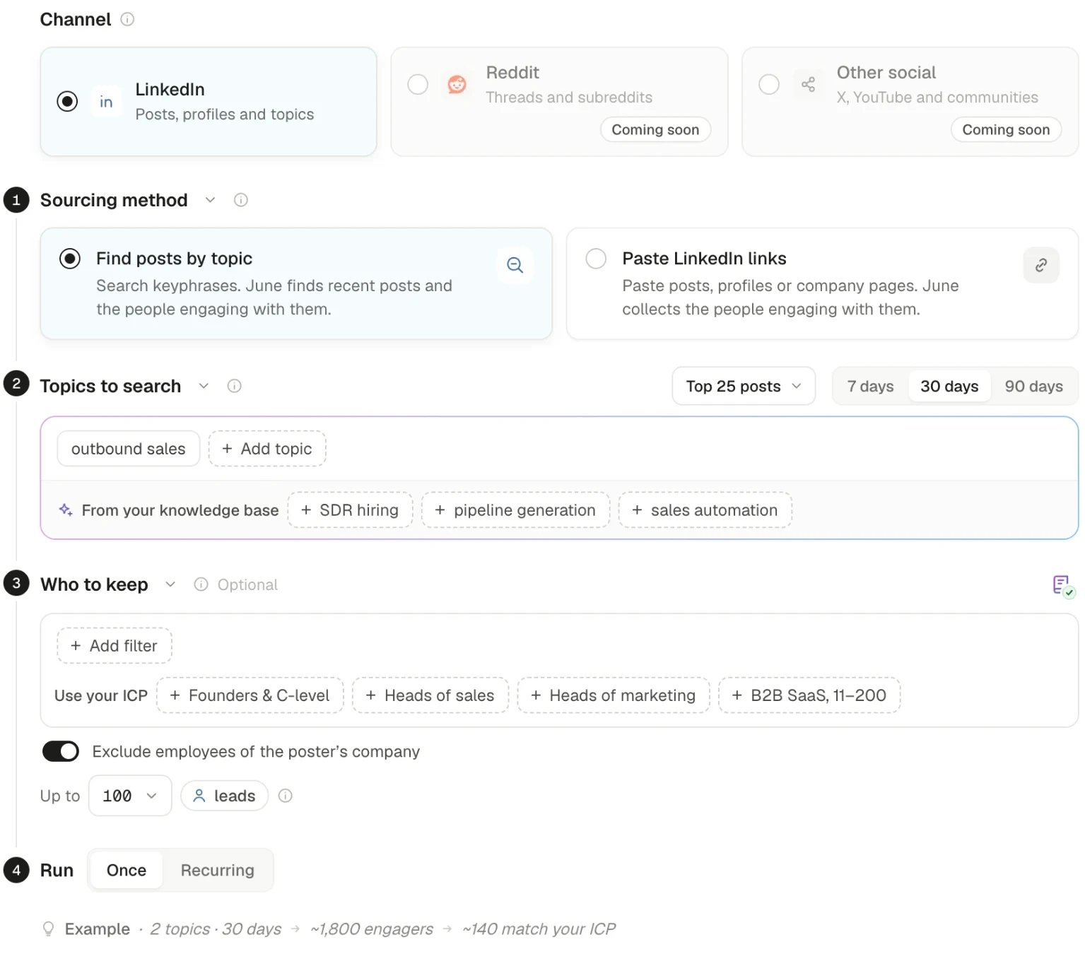Setting up a signal task in Seleqt: LinkedIn channel, find posts by topic, topics to search, ICP filters, exclude the poster's employees, and run once or on a schedule