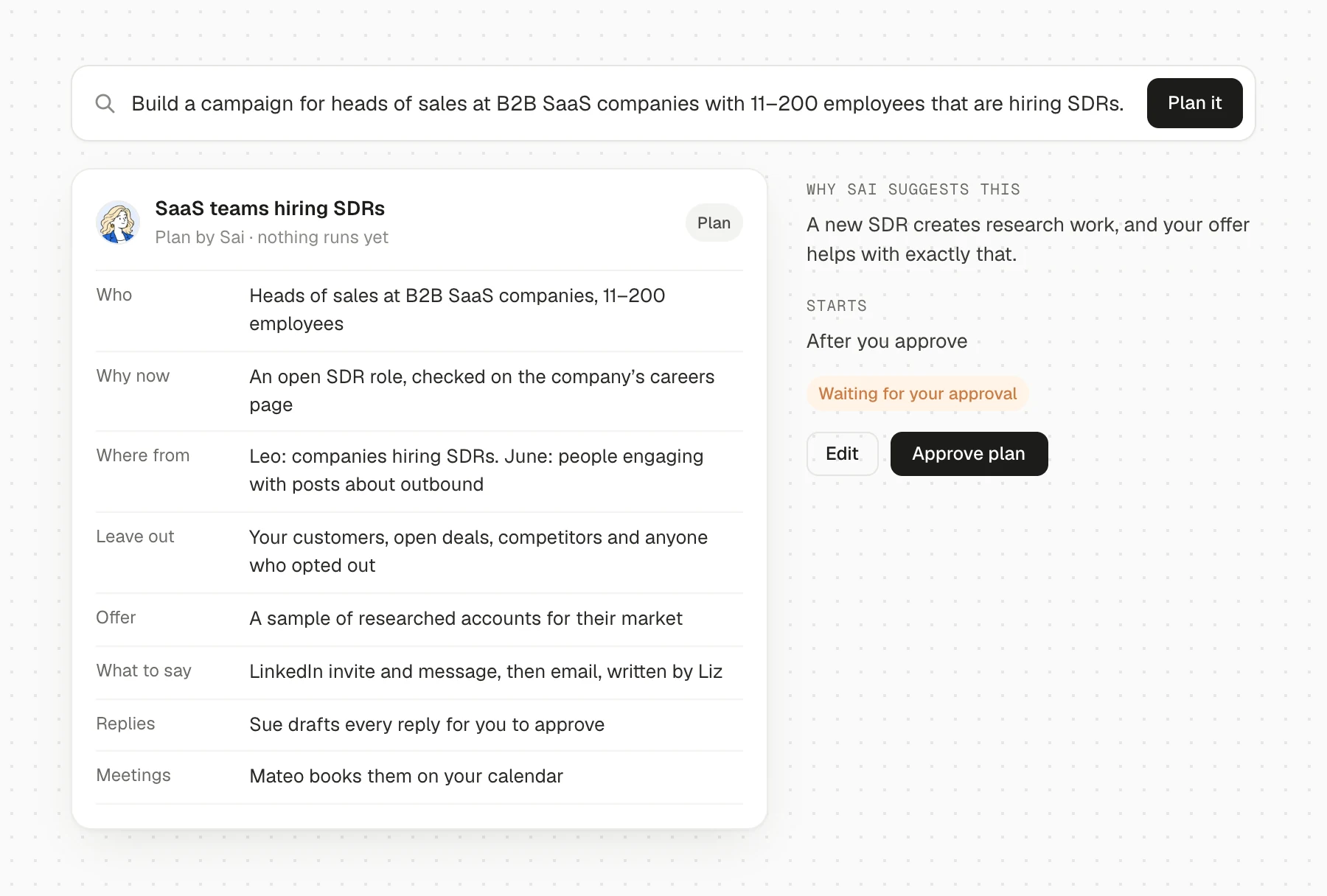 Sai's plan for a one-line brief: who to contact, why now, where leads come from, who to leave out, the offer, the sequence, reply handling and booking, waiting for approval