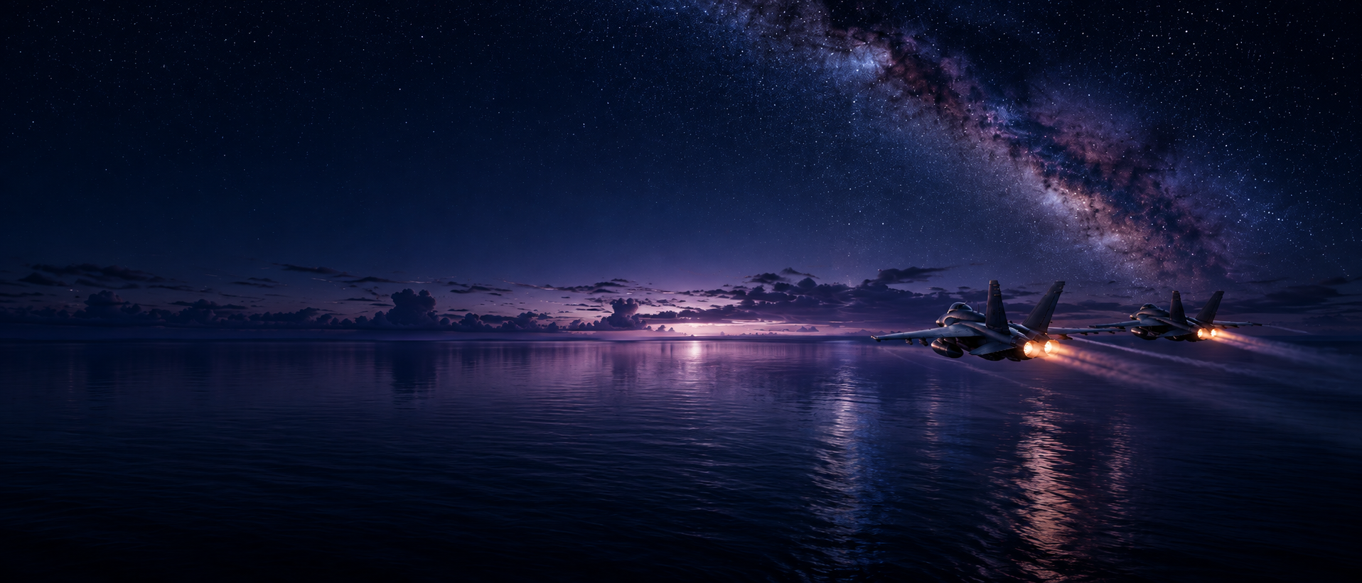 AI-generated illustration of two fighter jets flying side by side in formation over the sea at night