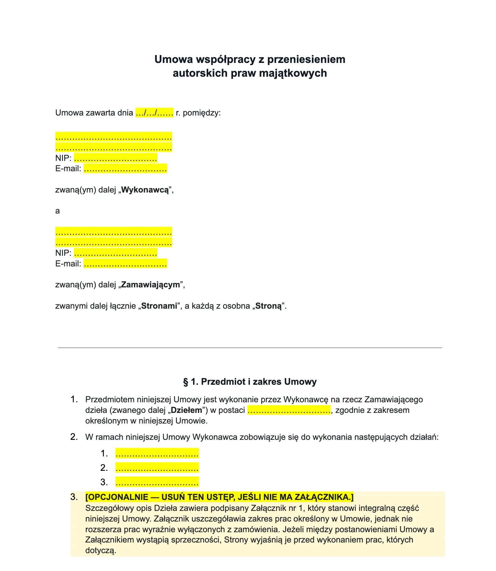 Fragment wzoru umowy o przeniesienie praw