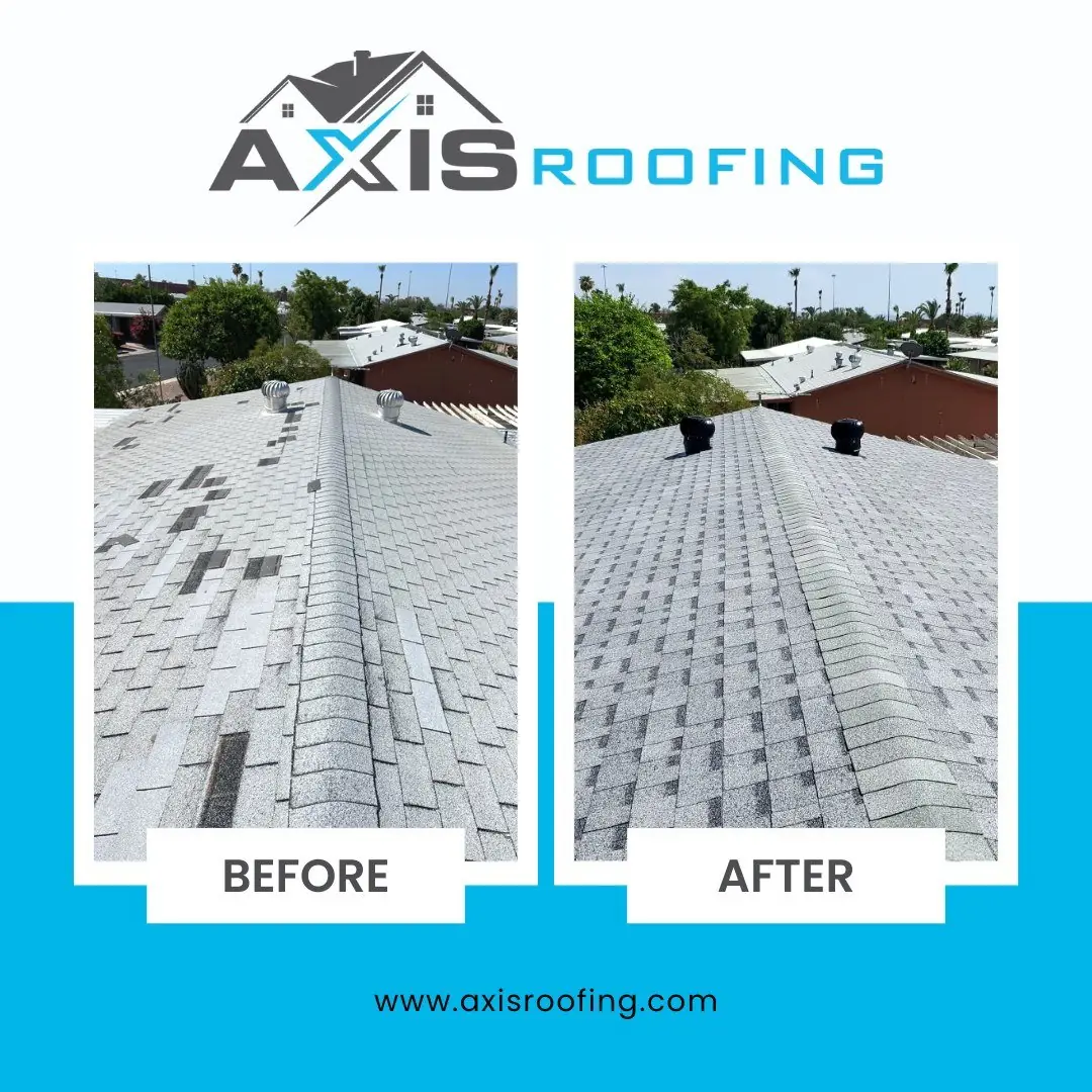 Before and After photos of a shingle roof replacement with storm damage from a monsoon storm