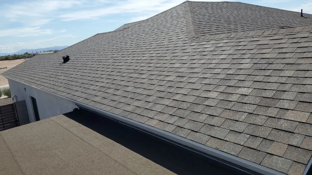 Gray shingle roof on two-story home