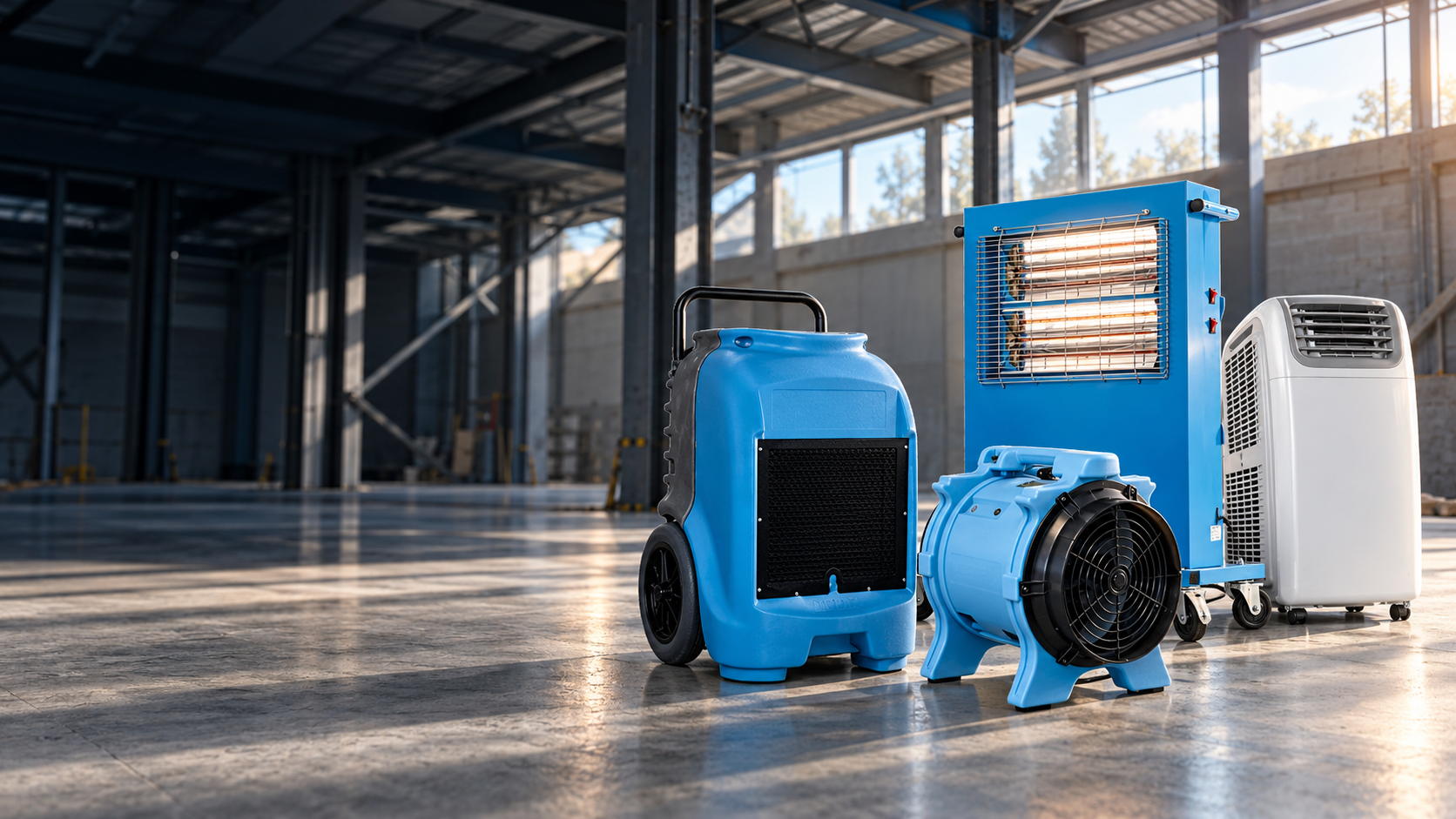 Illustrative industrial scene with dehumidifier, blue fan, heater and portable air conditioner