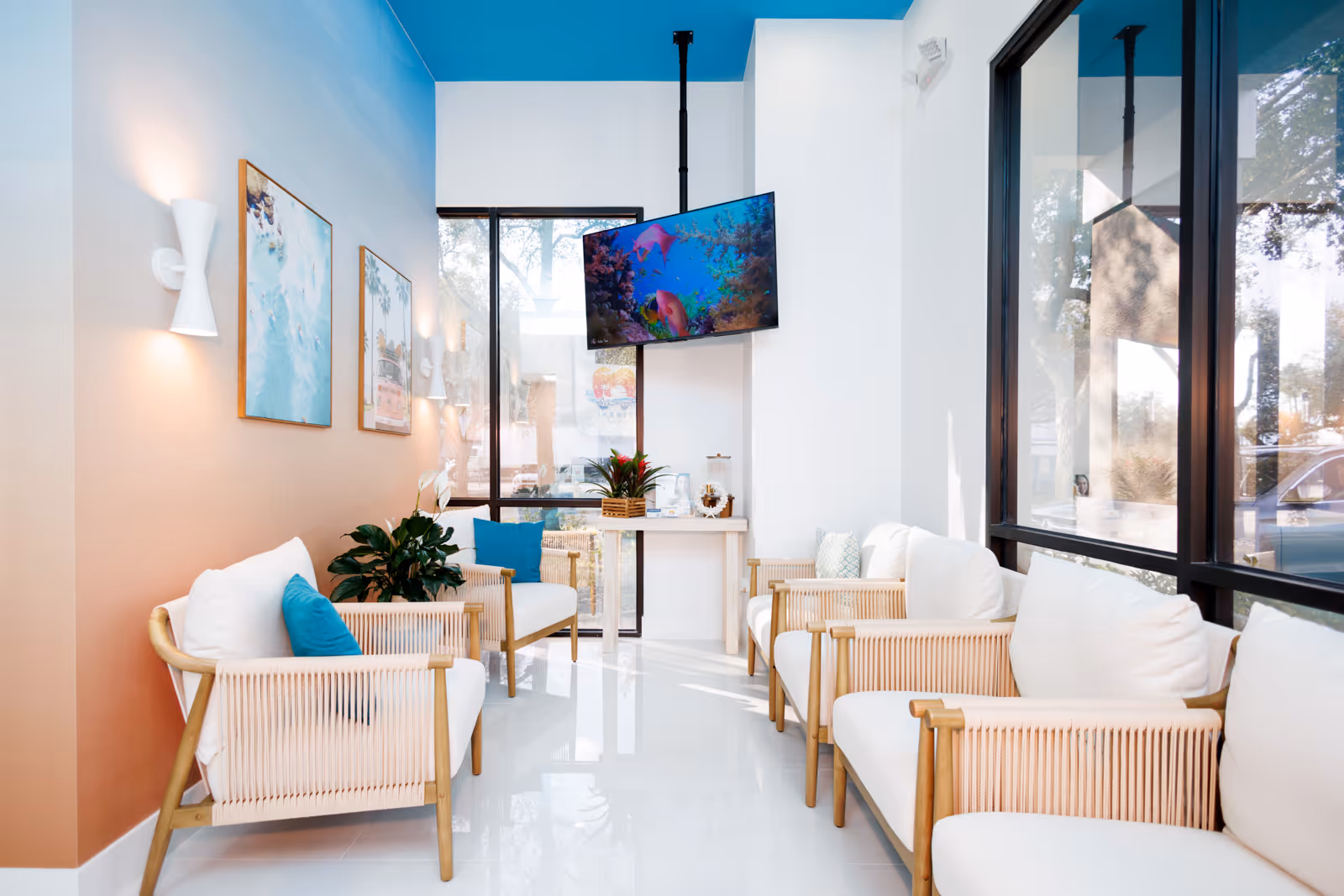 Bright waiting room with wooden-framed white cushioned chairs, a blue ceiling, wall art, a TV showing underwater coral and fish, and large windows.