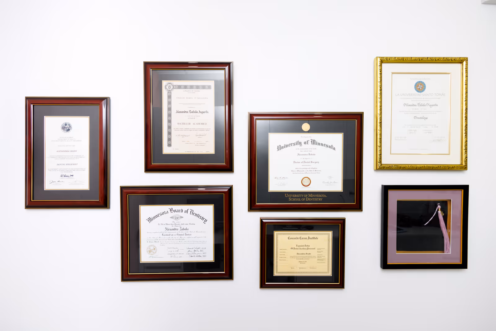 A wall with seven framed academic diplomas and certificates arranged neatly in two rows.