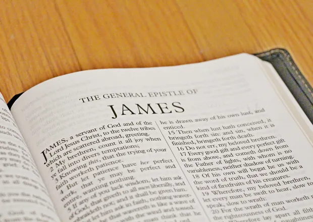 Open Bible showing the first page of the Epistle of James