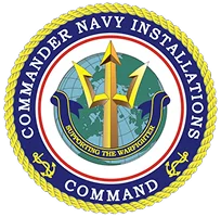 Emblem with trident, globe, eagle wings, and anchor symbolizing Commander Navy Installations Command.