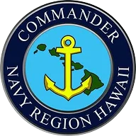 Commander Navy Region Hawaii emblem with yellow anchor and green Hawaiian islands on blue background.