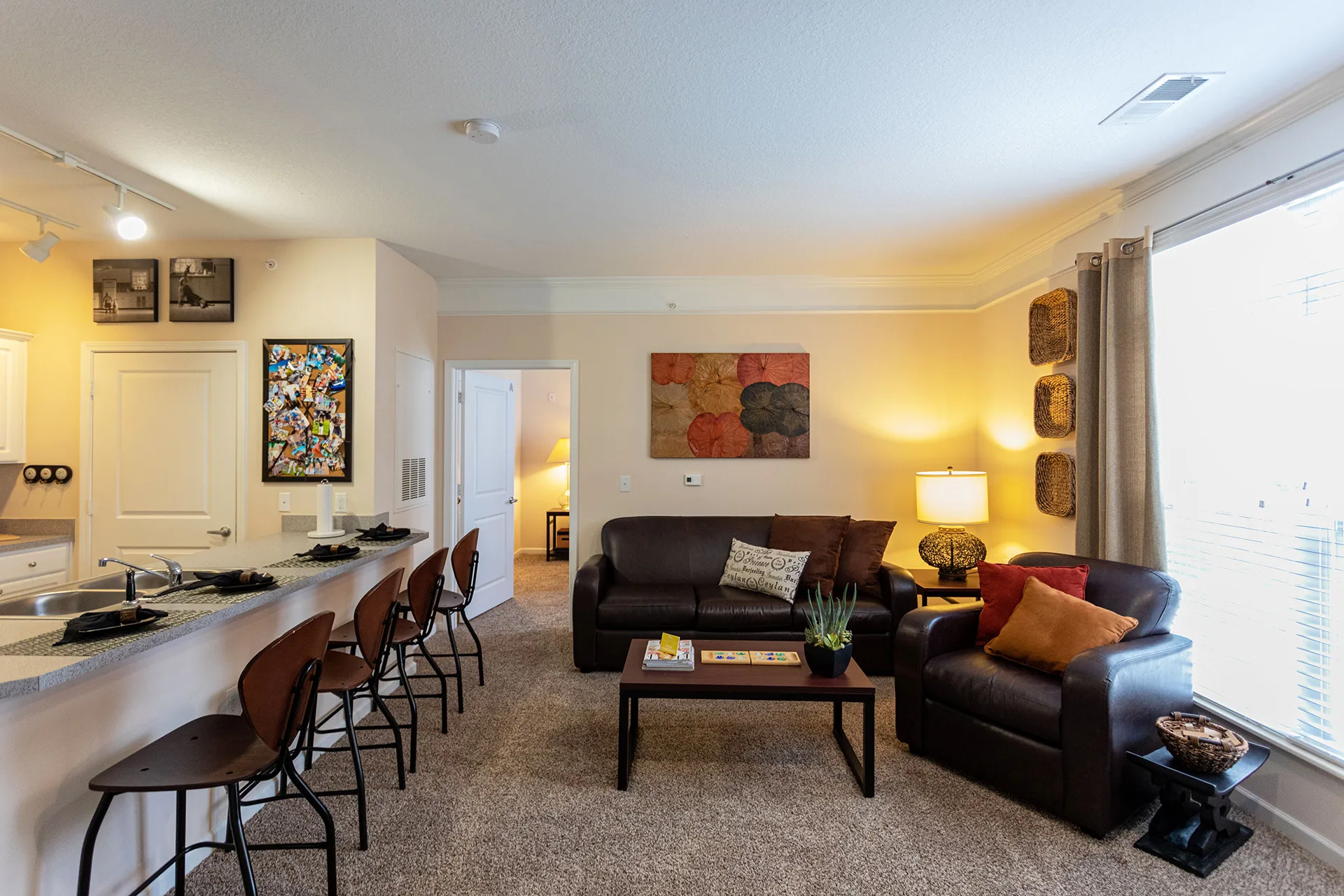 Living room with kitchen on the left