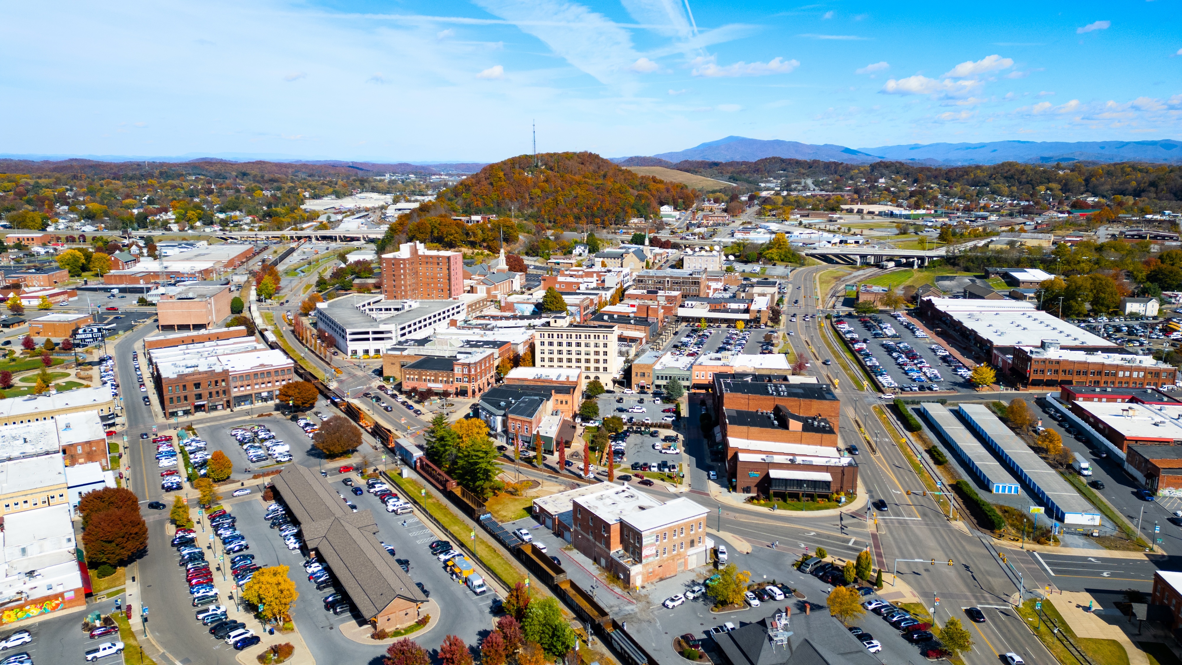 downtown johnson city Tennessee with train and fall foliage stock photo