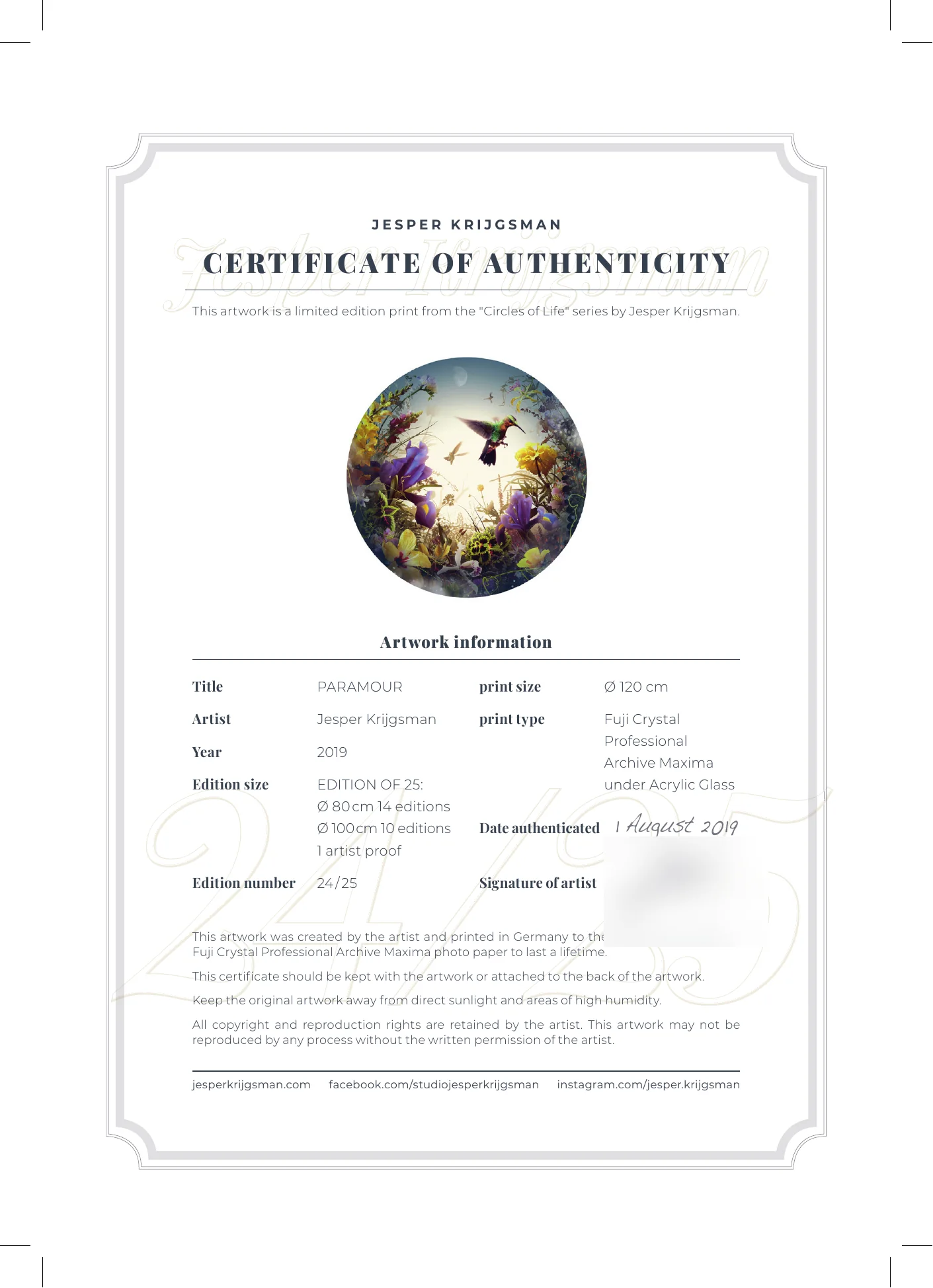 Certificate of authenticity for Paramour from the Circles of Life series