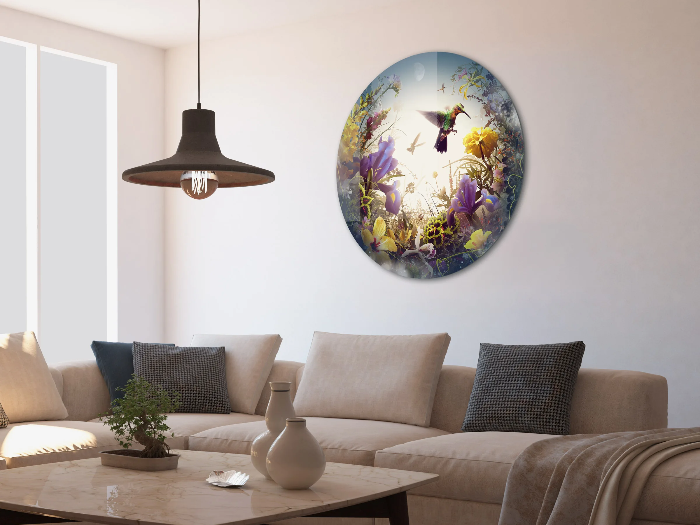 Paramour by Jesper Krijgsman, a round artwork hanging above a sofa in a bright living room