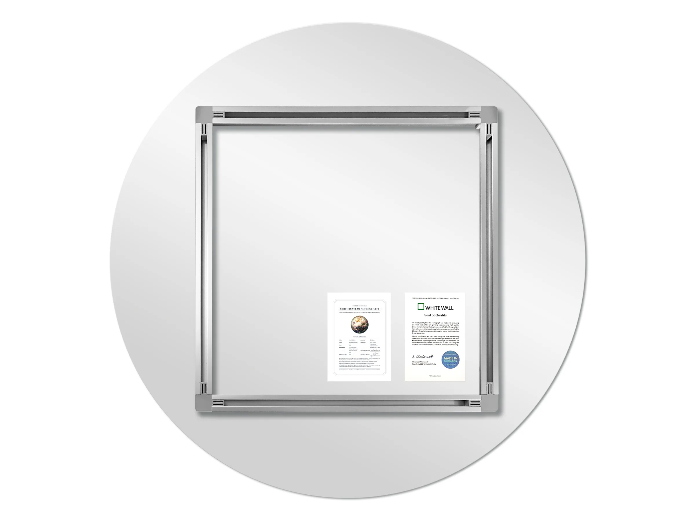 Back of a Circles of Life print with the WhiteWall seal of quality and certificate of authenticity