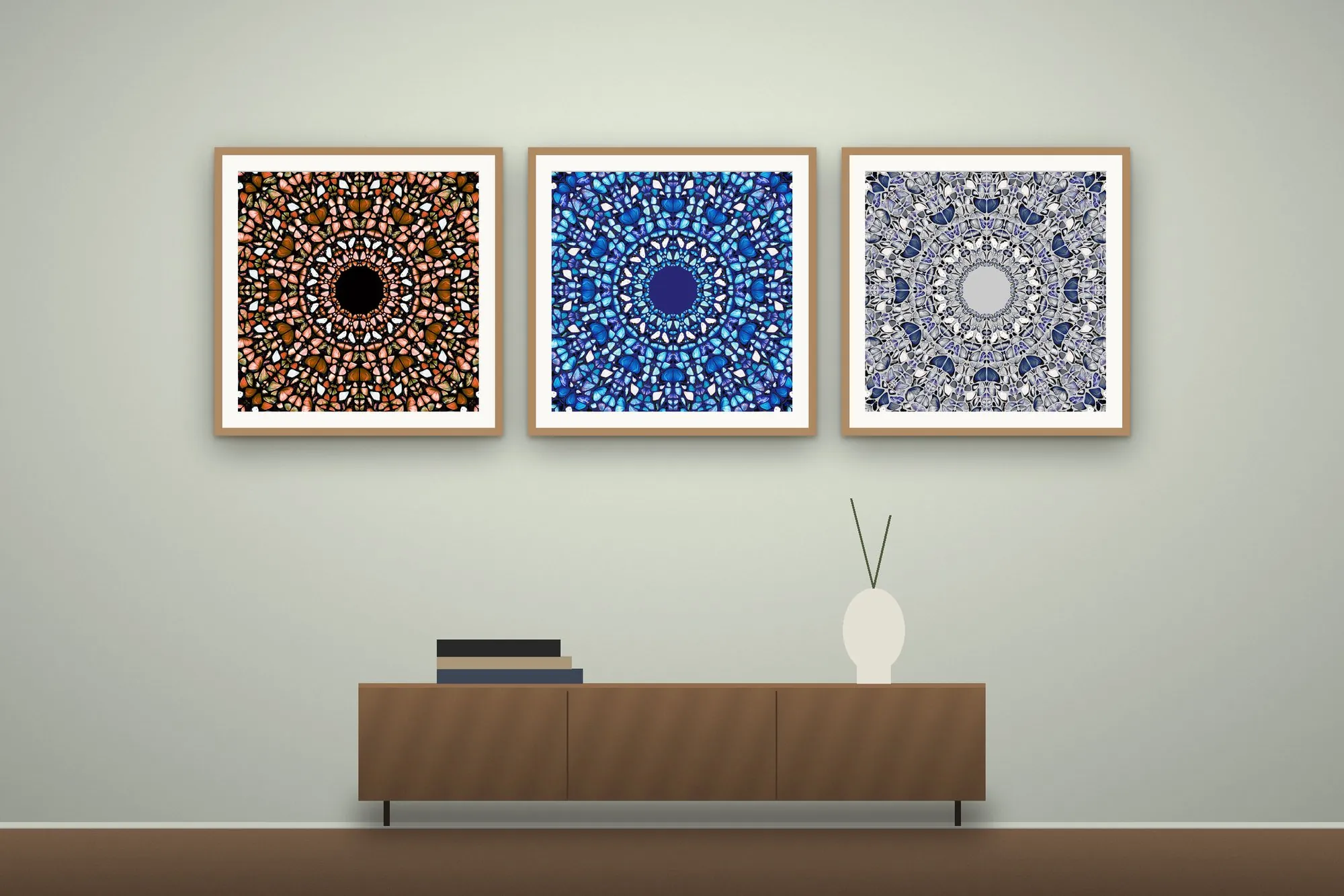 Mockup of Wings of Life V, VI and VII hanging as a triptych
