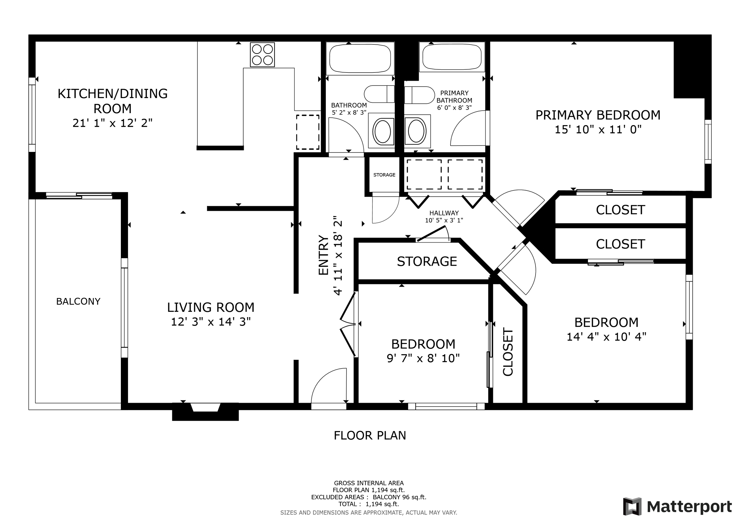 2D floor plan of a three bedroom, two bath home with a balcony in San Jose, with room dimensions. Floor plan by Lumiful Media