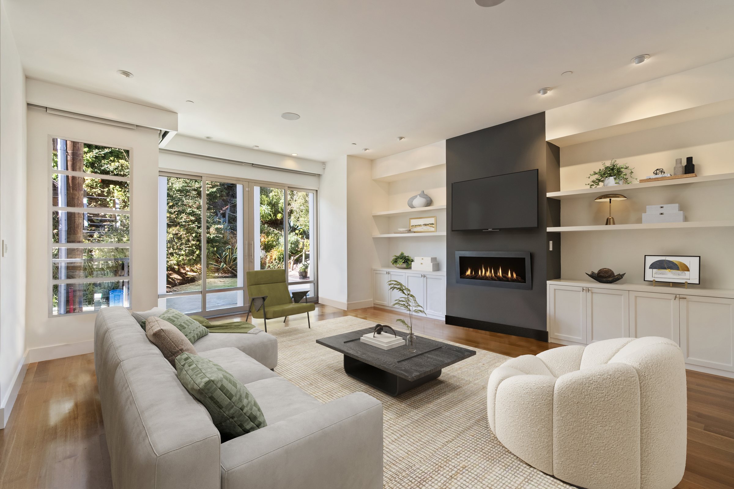 Virtual staging of a living room with a fireplace and built-in shelves, San Francisco Bay Area