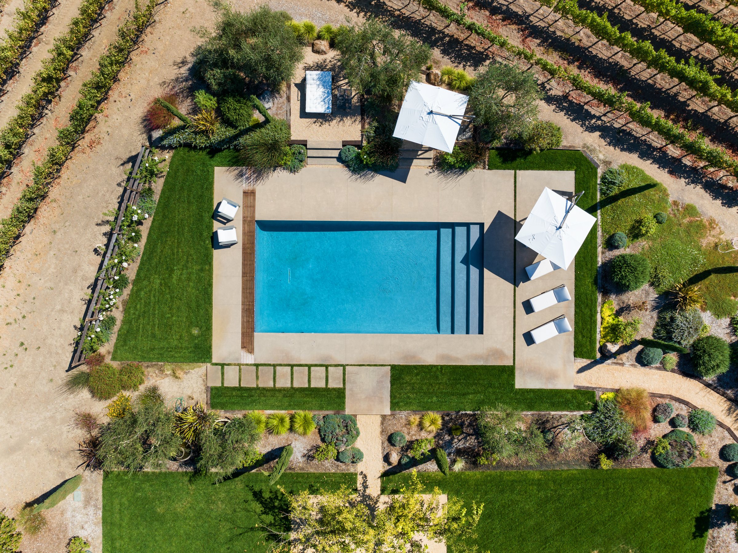 A pool and lawn set into vineyard rows from directly above, San Francisco Bay Area. Drone photography by Lumiful Media