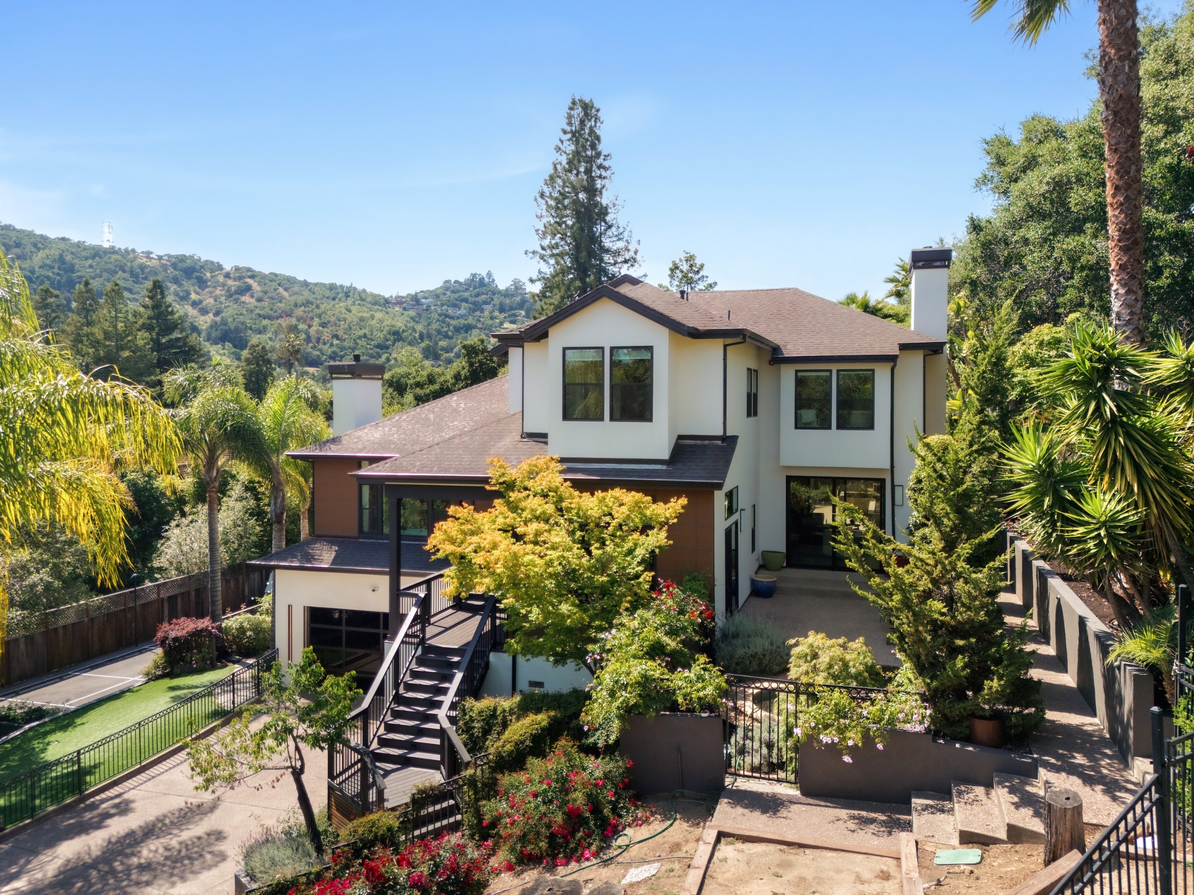 A hillside home with a garden stair, seen from above, Marin County. Real estate photography by Lumiful Media