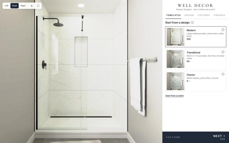 The Well Decor Shower Designer showing a modern walk-in shower in 3D