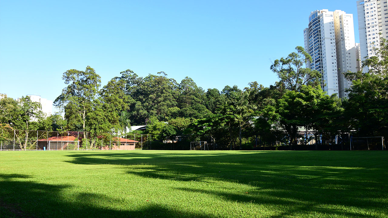 Campo de futebol cercado por árvores e edifícios residenciais ao fundo
