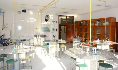 Laboratório de ciências com bancadas, vidrarias e armários de madeira