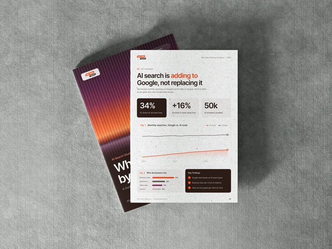 A printed SEO Team report on AI search, lying on a grey surface