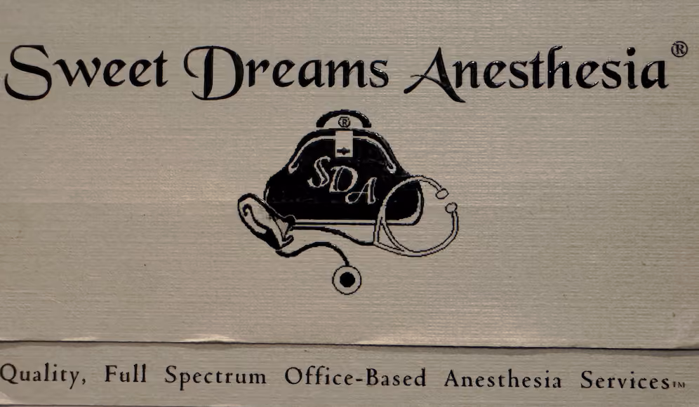 Sweet Dreams Anesthesia business card with the SDA medical bag and anesthesia mask logo.