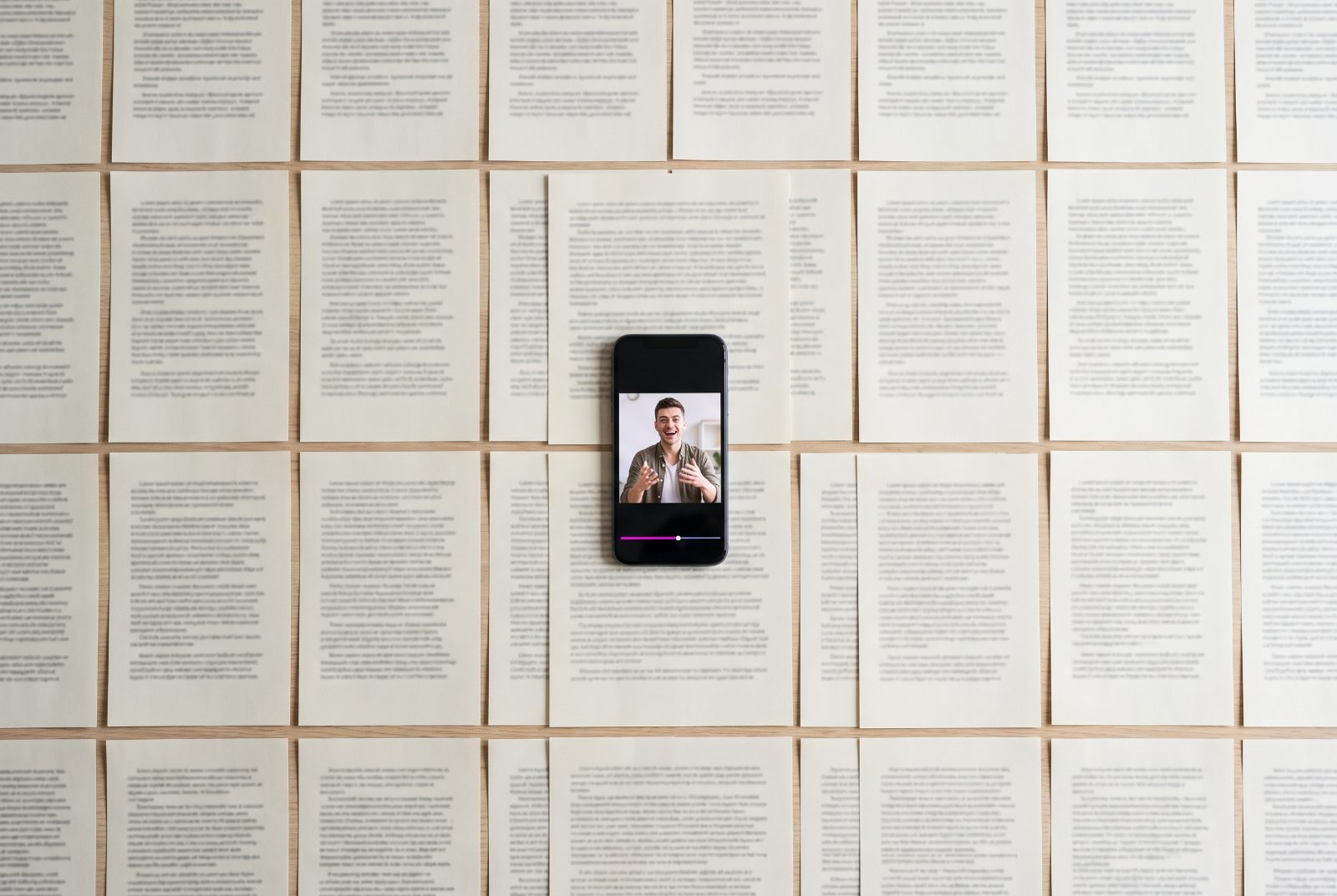 Des CV identiques alignés sur un bureau, avec au centre un smartphone montrant la vidéo d'un candidat.