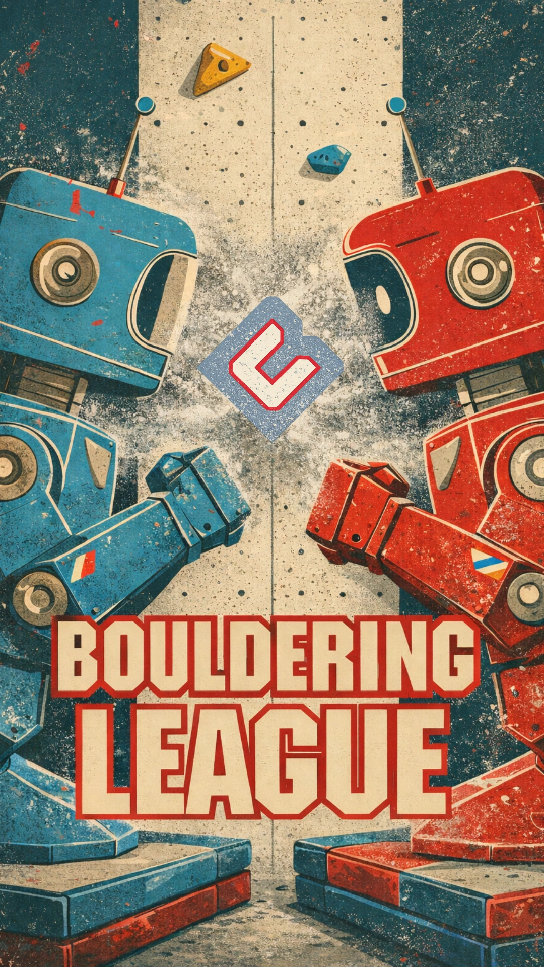 Close detail of climbing holds, the BaseCamp emblem, worn color and chalk texture between the two robots.