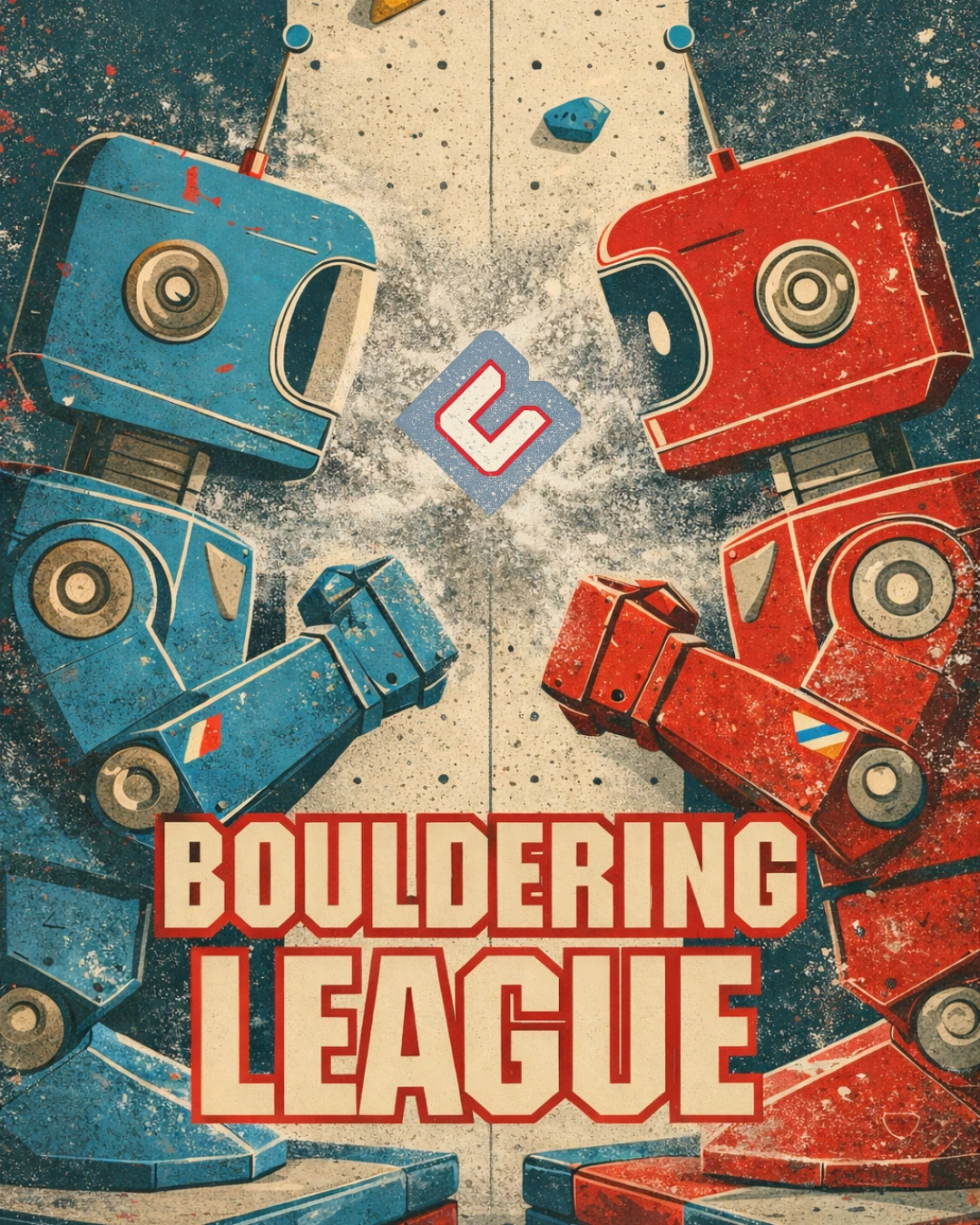 Blue and red robots face off in a climbing gym above the words Bouldering League.