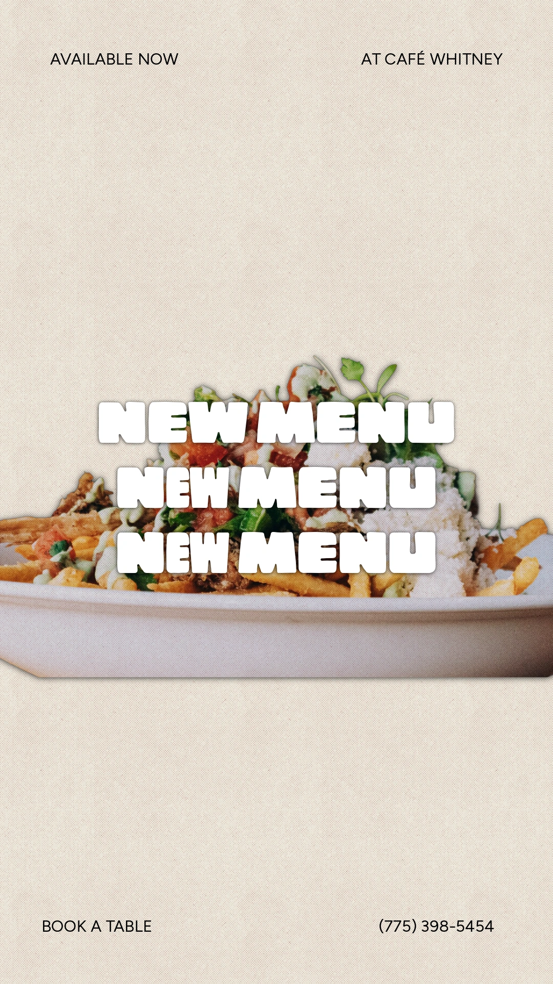 Café Whitney spring menu cover in its final portrait Story format, with more space between the label, food and reservation line.